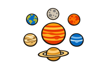 Stylized flat vector illustration featuring various planets like Earth, Mars, and Saturn surrounding a large central Jupiter, all set against a solid black background. © Andrei