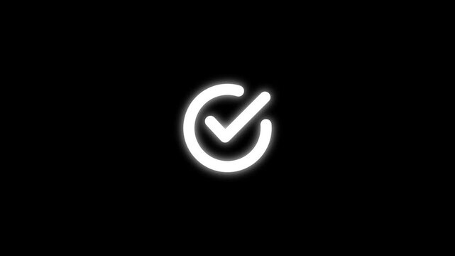 Check mark icon white color. check mark animation motion. Animated tick mark icon with circle loading animated on a black background.