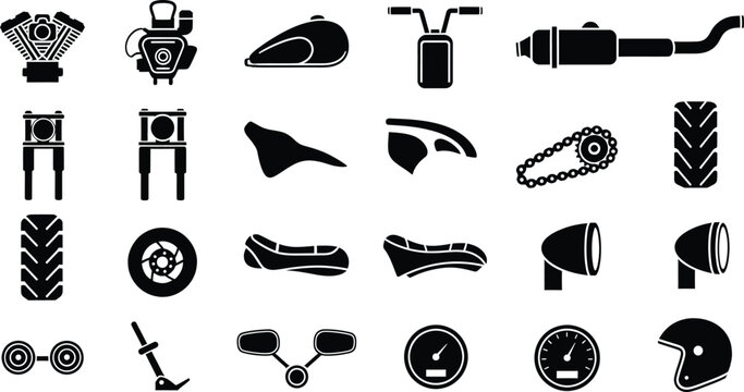 A comprehensive set of black motorcycle part icons including engine components and accessories.