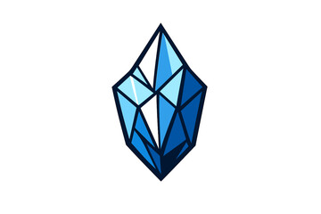A faceted blue gemstone with a geometric low-poly design is centered on a dark black background. The illustration uses sharp lines and multiple shades of blue to create depth.