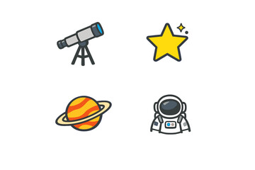 A collection of four space-themed icons featuring a telescope, a yellow star, a ringed planet, and an astronaut, all set against a solid black background in a flat vector style. © Andrei