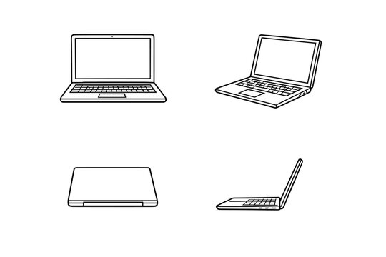 A set of four white line art illustrations showing a laptop computer from different angles, including front, perspective, back, and side views, presented on a solid black background.