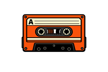 Fototapeta premium This flat vector illustration features a classic orange audio cassette tape with a cream-colored label and side A marking. The retro design is isolated on a black background.