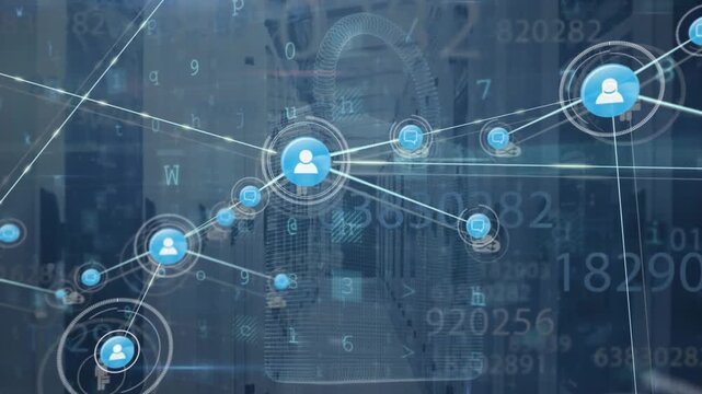 Animation of connected icons, multiple texts, padlock, letters and symbols over server room
