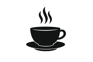 Obraz premium This minimalist black icon depicts a steaming cup of coffee or tea resting on a saucer. Three wavy lines rise from the cup to indicate heat from a hot beverage inside.