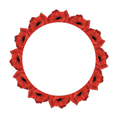 Red poppy flowers round wreath . Circle floral frame. Papaver. Hand drawn vector. Isolated on white background.