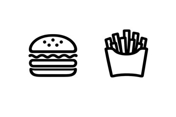 A minimalist black and white line art illustration featuring a hamburger and a container of french fries on a dark background. This simple graphic represents classic fast food items. © Andrei