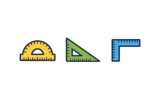 Three flat design icons of drafting tools featuring a yellow protractor, a green set square, and a blue L-square ruler arranged horizontally on a dark black background.