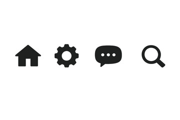Obraz premium A set of four minimalist black icons representing home, settings, chat, and search functions, displayed horizontally on a plain white background for user interface design.
