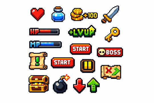 Pixel art gaming icons: hearts, coins, weapons, keys, power-ups