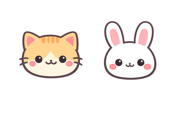 Two adorable cartoon animal faces, a ginger cat and a white rabbit, are displayed side by side against a solid black background. Both characters feature cute expressions and pink cheeks.