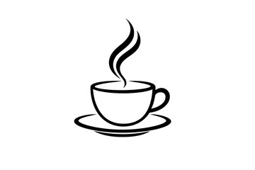 Fototapeta premium A minimalist white line art illustration of a steaming cup of coffee or tea resting on a saucer, set against a solid black background for a high contrast look.