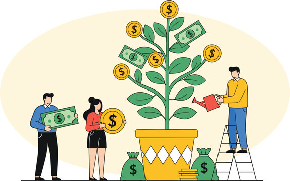 Money growth concept with dollar tree coins cash investment and financial success vector illustration