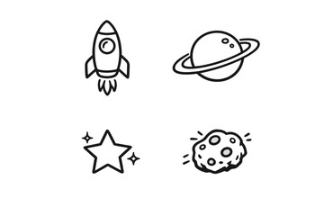 A collection of four minimalist space-themed icons including a rocket ship, a ringed planet, a shining star, and a cratered asteroid, all drawn in a simple black and white line art style. © Andrei