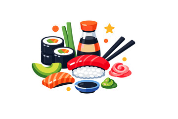 Colorful vector illustration of various sushi types including nigiri and maki rolls, accompanied by ginger, wasabi, soy sauce, and chopsticks on a dark background. © Andrei