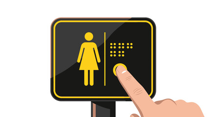 Accessible Restroom Sign Featuring Braille And A Human Hand Touching The Button