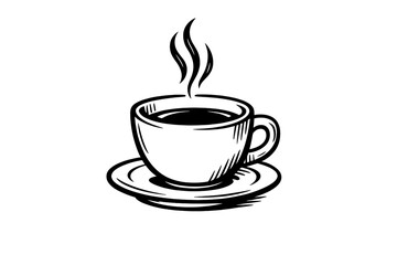 Obraz premium A minimalist black and white line drawing of a steaming cup of coffee or tea sitting on a saucer. The simple sketch features elegant curves representing rising steam against a dark background.