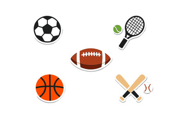 A collection of five sports equipment icons including a soccer ball, basketball, football, tennis racket, and baseball bats with a ball, all presented as stickers on a black background. © Andrei