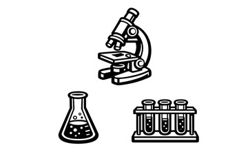 Fototapeta premium A collection of white laboratory equipment icons including a microscope, a conical flask, and a test tube rack with three tubes, all set against a solid black background.