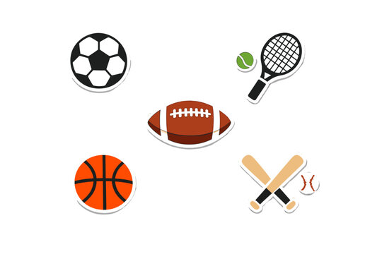 A collection of five sports equipment icons including a soccer ball, basketball, football, tennis racket, and baseball bats with a ball, all presented as stickers on a black background.