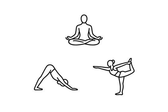 Three minimalist white line art icons of people performing various yoga poses, including meditation, downward dog, and dancer pose, set against a solid black background.
