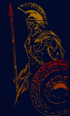 An ancient Roman warrior with a spear and shield. Vector illustration in red and orange tones, reminiscent of grunge, on a dark blue background. For use in an ancient, classical style.