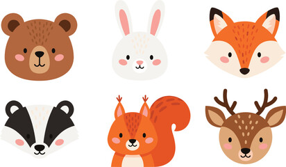 Cute woodland animal faces collection with bear bunny fox raccoon squirrel and deer vector illustration © MdAbuSayed
