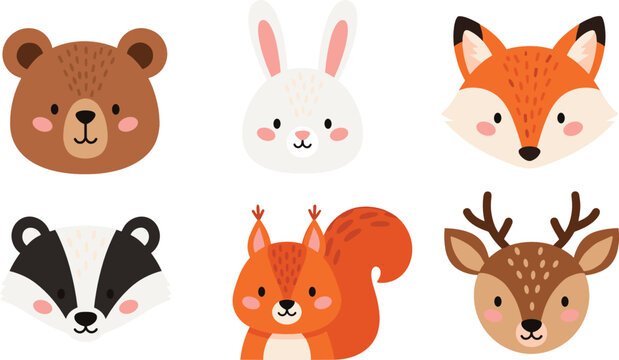 Cute woodland animal faces collection with bear bunny fox raccoon squirrel and deer vector illustration
