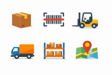 Naklejka premium Logistics icons: box, barcode, forklift, truck, warehouse, map pin for delivery services