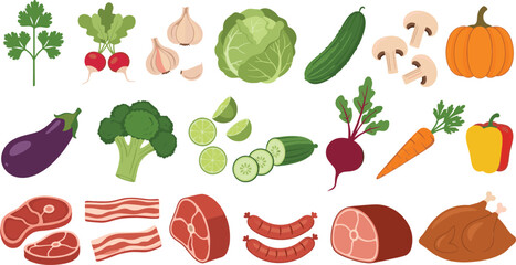 Fresh vegetables and meat collection with cabbage broccoli pumpkin steak bacon and chicken vector illustration set © MdAbuSayed