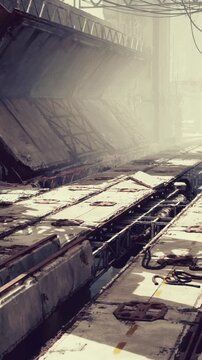 moody metal walkway flooded with light, coiled cables and service hatches line floor, heavy panels and trusswork rise into diffused morning haze, quiet