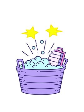 spinning stars animation of illustration of a traditional tattoo style old washboard and scrubbing bowl