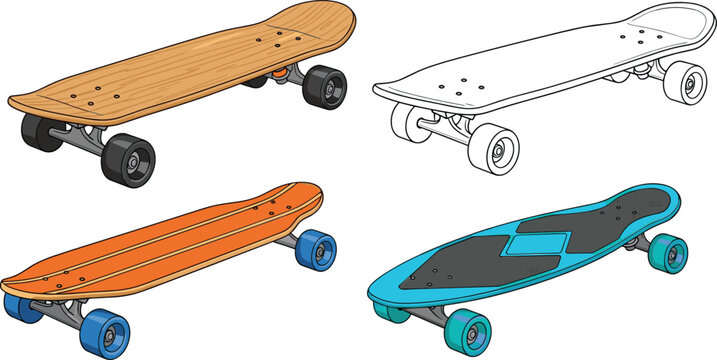 Longboard skateboard collection with wooden cruiser electric board and modern street design vector illustration set