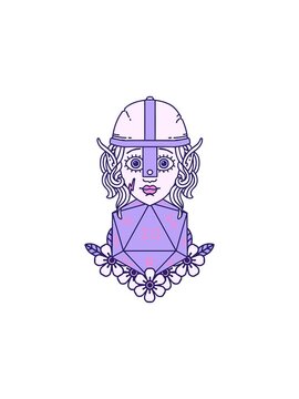popping motion animation of Retro Tattoo Style elf fighter with natural twenty dice roll