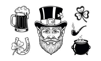 St. Patrick's Day Vintage Icon Set, Leprechaun Head, Beer Mug, Pot of Gold, and Lucky Shamrock Illustrations in Black and White