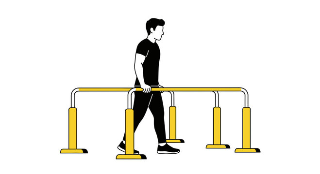 Athlete Performing Gymnastics Exercise on Parallel Bars, Black and White Vector Illustration