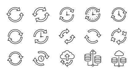 Synchronization Icons Set: Data, Cloud, Time, Arrows