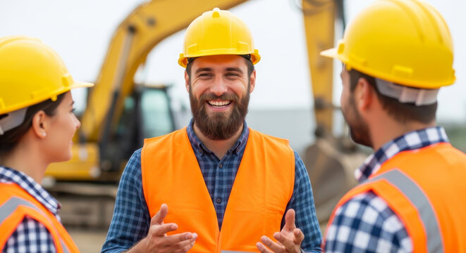 Smiling construction worker talking to his team on a building site