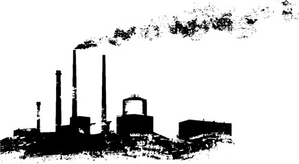 Obraz premium Industrial skyline in stencil style with smoke plume - abstract high contrast design for posters