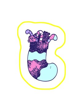 radioactive glowing animation of cartoon doodle christmas stocking full of toys