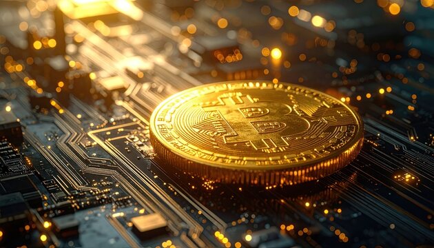 Golden cryptocurrency coin on circuit board