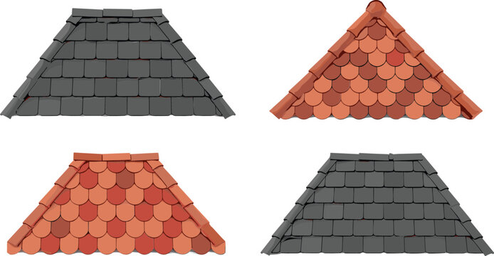 Roof shingles collection with gray slate and red clay tiles house roofing vector illustration set