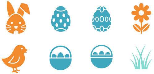 Vibrant Easter icons set with eggs, bunny, and spring flowers