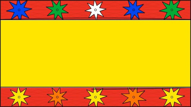 A vibrant rectangular frame with colorful star shapes on a red border surrounding a yellow center