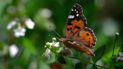 Obraz premium Graceful butterfly feeding on tiny white flower blossoms, detailed macro close-up, soft defocused bokeh background, garden insect concept, butterfly photography, nature macro,