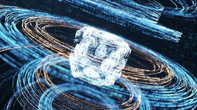 Abstract digital rendering with a glowing cube at center and swirling light trails