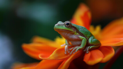 Obraz premium Tiny bright green frog sitting on a vivid orange flower, charming macro close-up, soft defocused bokeh background, garden wildlife concept, frog on flower photography, nature