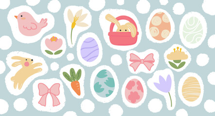Set of cute Happy Easter sticker elements with bunny chick eggs and flowers © elif