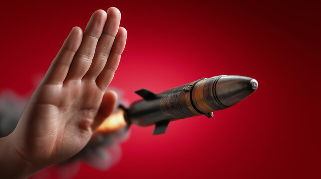 Stop war icon with hand halting incoming missile against vibrant red background, peace advocacy, conflict prevention, with copy space