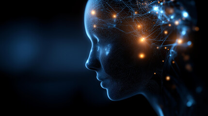 Obraz premium Abstract digital human head profile with glowing AI neural network data connections and circuitry patterns on a dark futuristic background, artificial intelligence concept,
